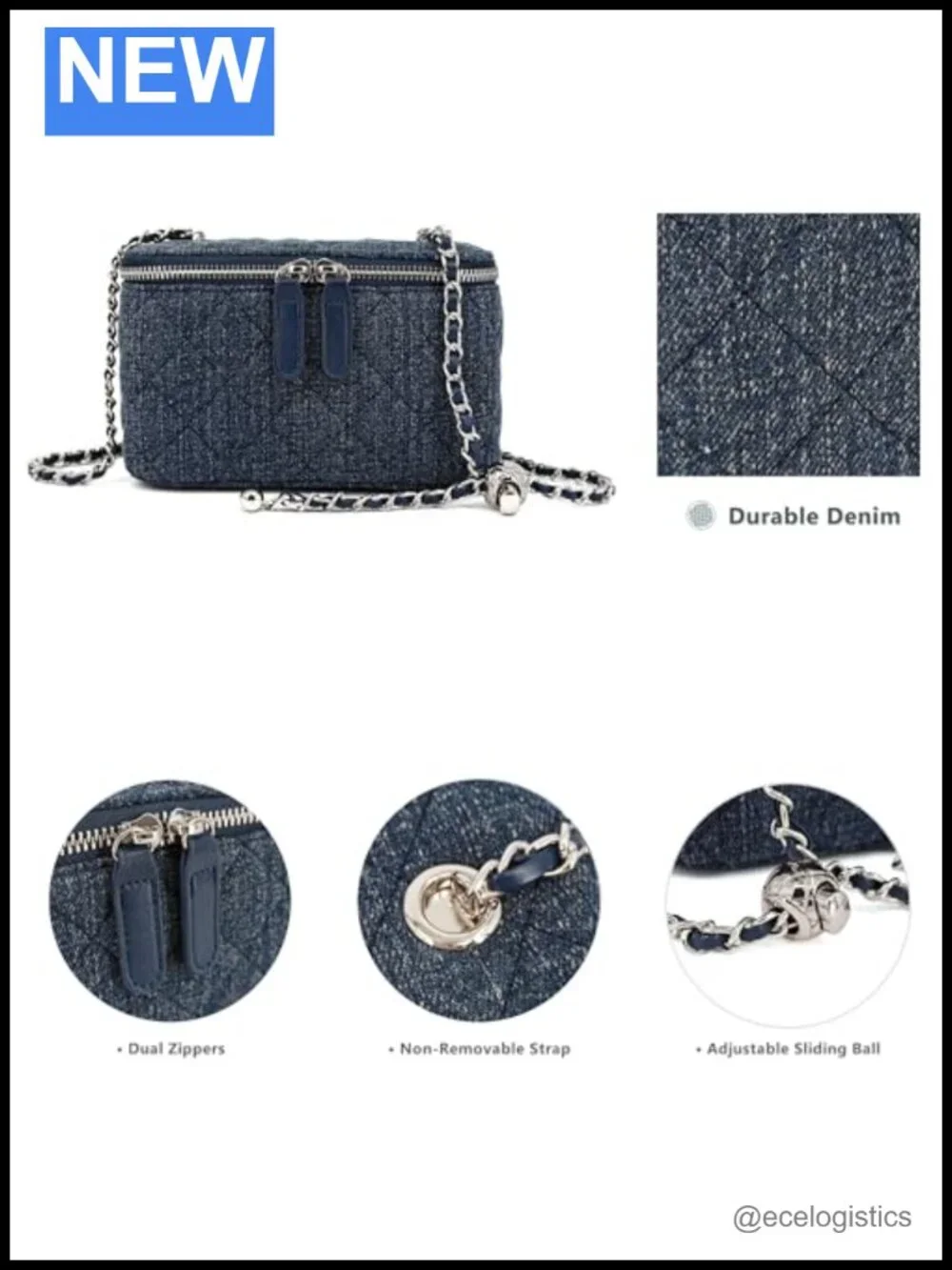 Mini Quilted Denim Crossbody Bag with Adjustable Chain Strap